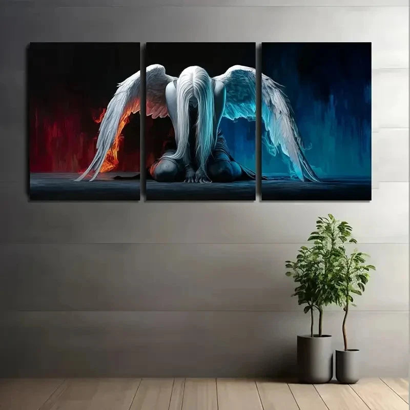 3pcs Woman with Long White Hair And Large Wings Metal Print Ready to Hang Art