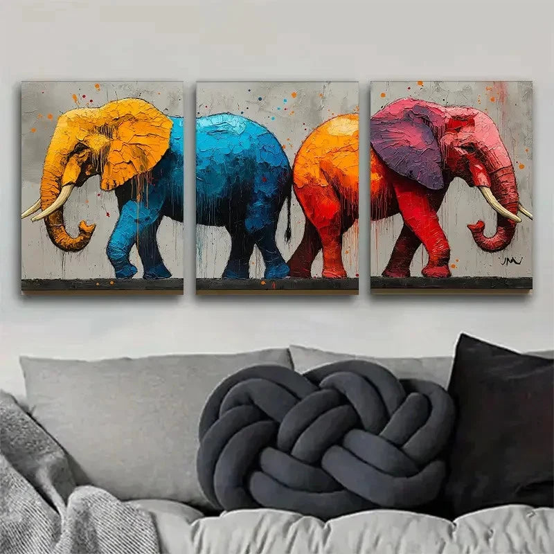 3pcs Colorful Elephant Triptych Wall Art Metal Print Ready to Hang Art