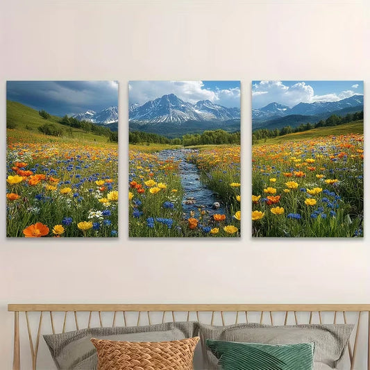 3pcs Vibrant Spring Landscape with River & Moun Wall Art Set Canvas Framed 60x90cm - High Quality Print 100% Australian Made Wall Canvas Ready to Hang