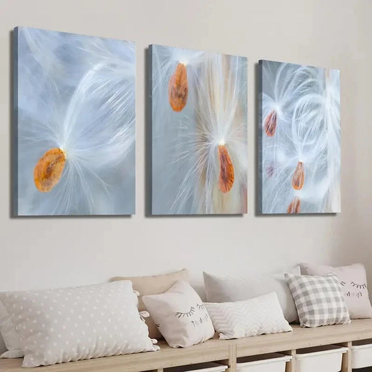 3pcs Vibrant Botanical Milkweed Seed Decor Wall Art Set Canvas Framed 50x70cm - High Quality Print 100% Australian Made Wall Canvas Ready to Hang