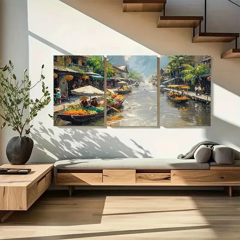 3pcs Asian Vibrant Floating Market Scenery Metal Print Ready to Hang Art