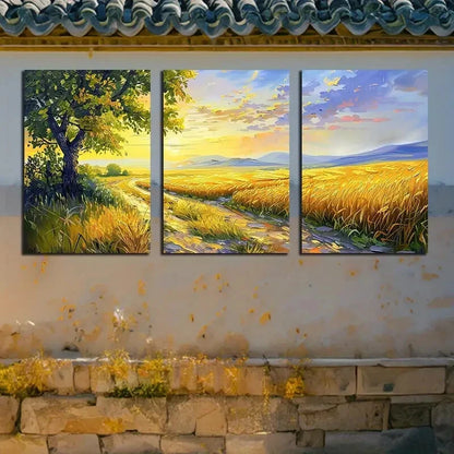 3pcs Vibrant Pastoral Field with Pathway Scene Metal Print Ready to Hang Art