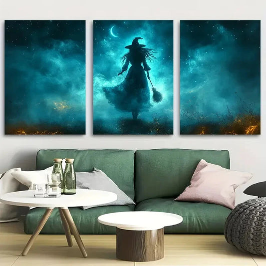 3pcs Witch on a Broom Flying Through Night Sky Metal Print Ready to Hang Art