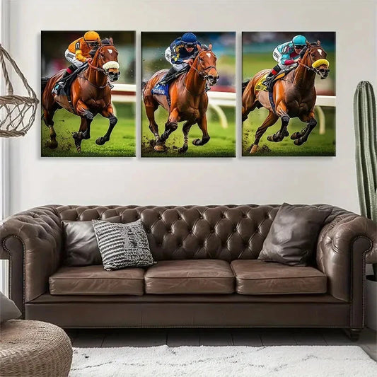 3pcs Dynamic Race Horses Action Sport Perfect Wall Art Set Canvas Framed 40x60cm - High Quality Print 100% Australian Made Wall Canvas Ready to Hang