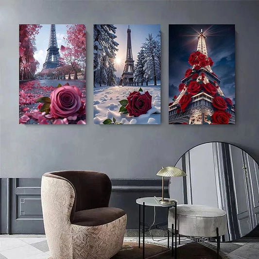 3pcs Eiffel Tower And Rose Romantic Paris Metal Print Ready to Hang Art