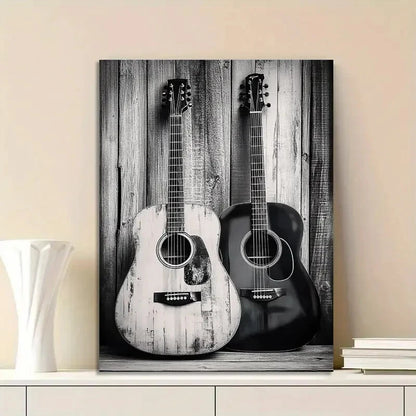 Black And White Photograph of Two Acoustic Guitars 40x60cm Metal Print Ready to Hang