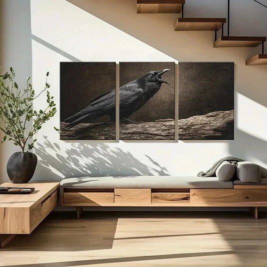 3pcs Artistic Black Crow Perched On Tree Branch Metal Print Ready to Hang Art