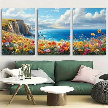 3pcs Seaside Landscape with Blooming Flower Summer Metal Print Ready to Hang Art