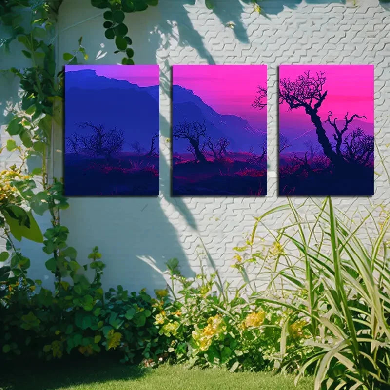 3pcs Vibrant Purple Forest Scene with Twilight Sky Metal Print Ready to Hang Art