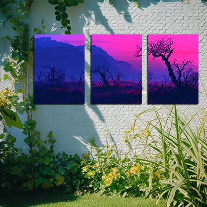 3pcs Vibrant Purple Forest Scene with Twilight Sky Metal Print Ready to Hang Art