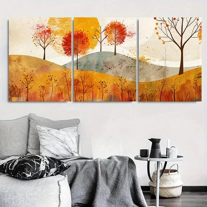 3pcs Vibrant Watercolor Trees on Rolling Hills Metal Print Ready to Hang Art