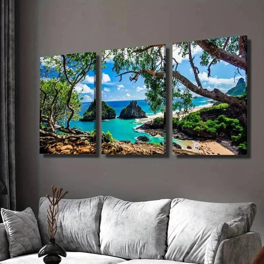 3pcs Fernando De Noronha Tranquil Cyan Waters Wall Art Set Canvas Framed 40x60cm - High Quality Print 100% Australian Made Wall Canvas Ready to Hang
