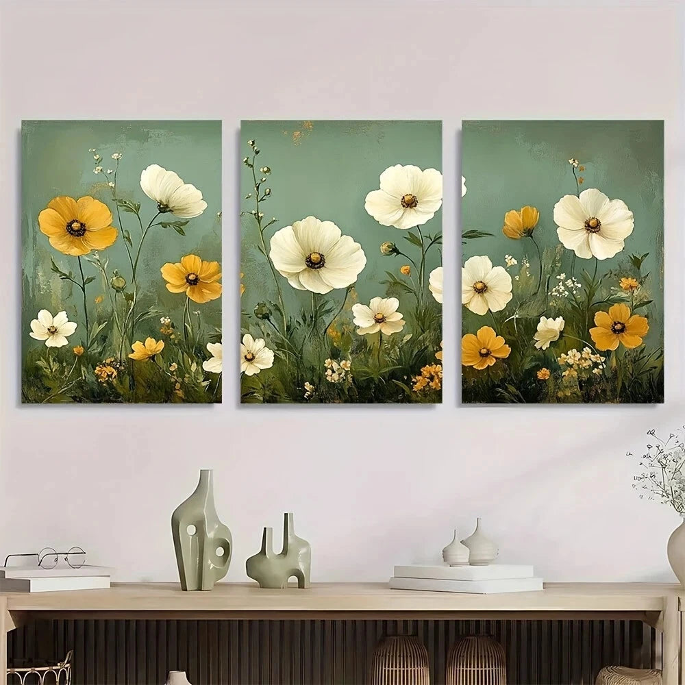 3pcs Rustic Wildflower Sage Green and White Floral Metal Print Ready to Hang Art