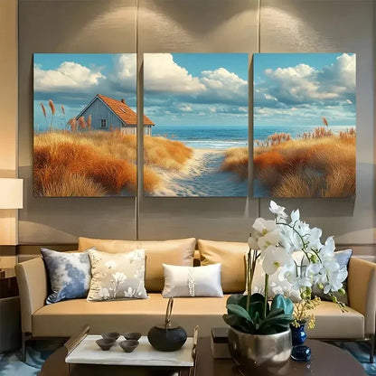 3pcs Rustic Seaside Cottage with Coastal Path Metal Print Ready to Hang Art