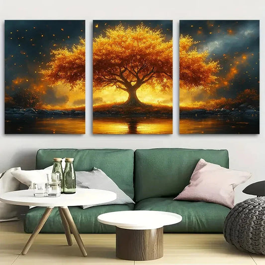 3pcs Solitary Golden Blossoms Tree of Life Luxury Metal Print Ready to Hang Art