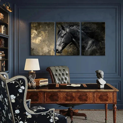 3pcs Black Horse Art Abstract Painting Poster Metal Print Ready to Hang Art
