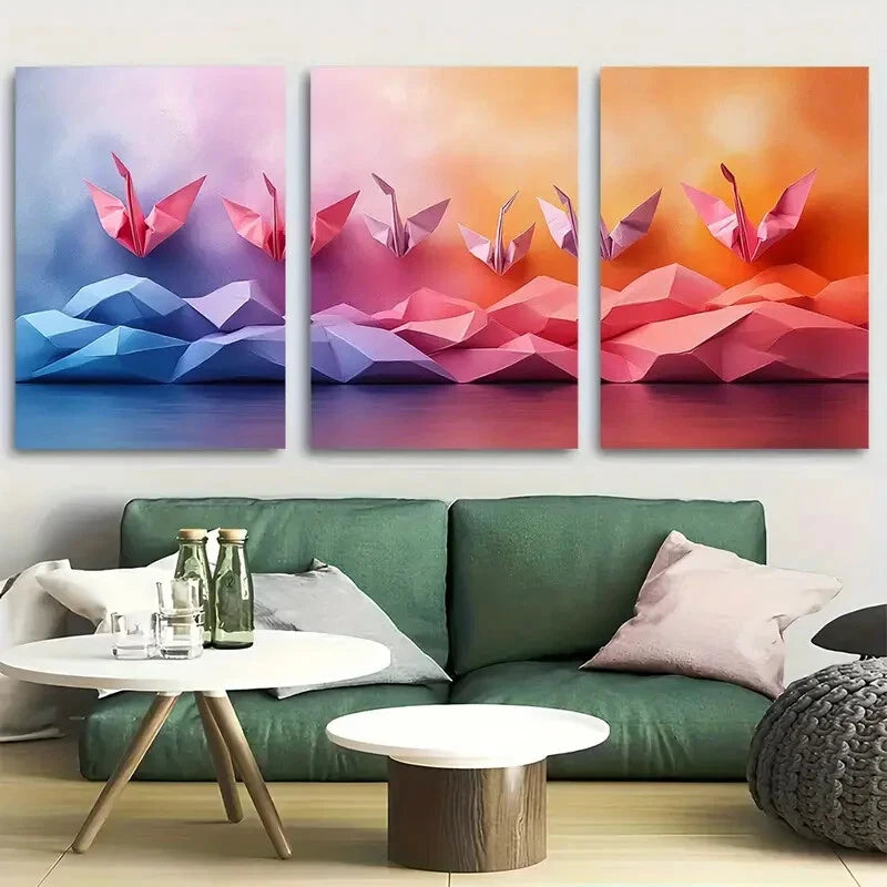 3pcs Vibrant Whimsical Origami Cranes Metal Print Ready to Hang Art