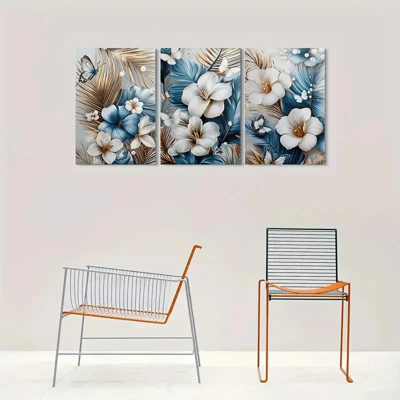 3pcs Blue White Flowers with Butterflies Metal Print Ready to Hang Art
