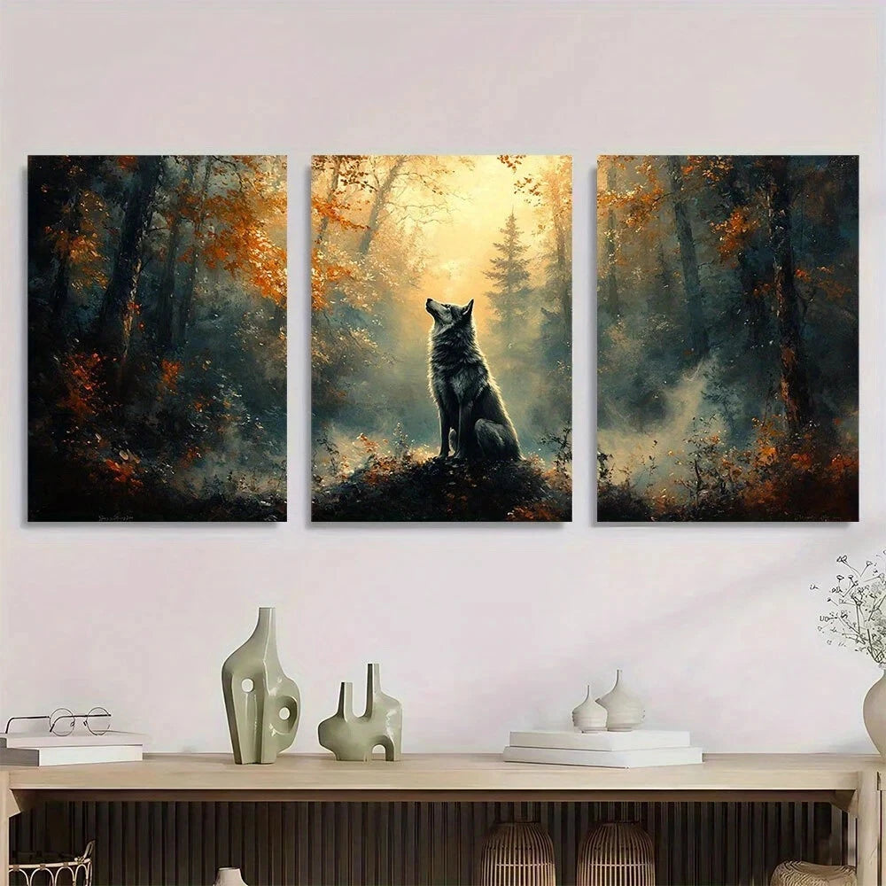 3pcs Majestic Black Wolf Raven Forest Metal Print Ready to Hang Art