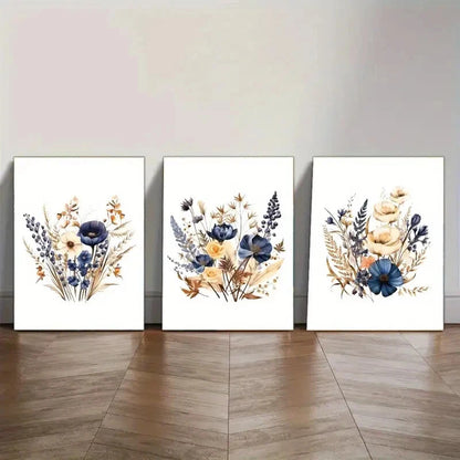 3pcs Dried Flower Prints Navy Blue Brown Metal Print Ready to Hang Art