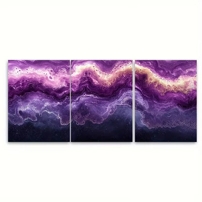 3pcs Vibrant Abstract Violet Marble Metal Print Ready to Hang Art