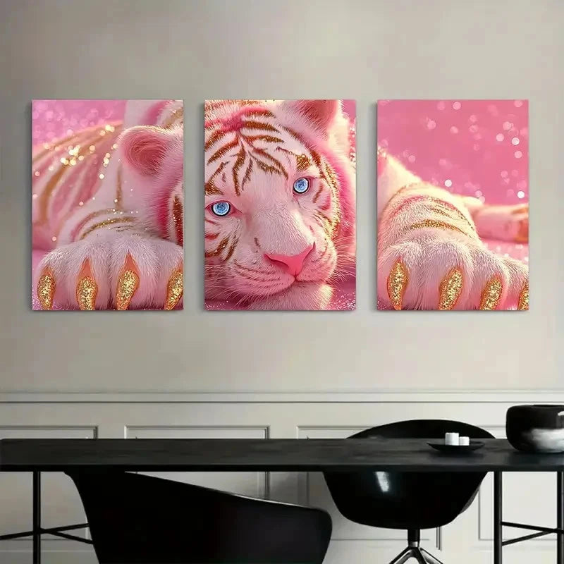 3pcs Cute White Tiger in Pink Background Metal Print Ready to Hang Art