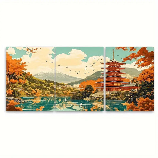 3pcs Japanese Autumn Vibrant Maple Trees Landscape Metal Print Ready to Hang Art