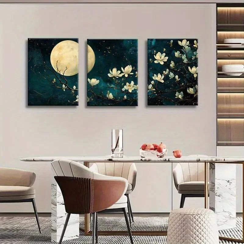 3pcs Golden Magnolia Moonlight Elegant Floral Metal Print Ready to Hang Art