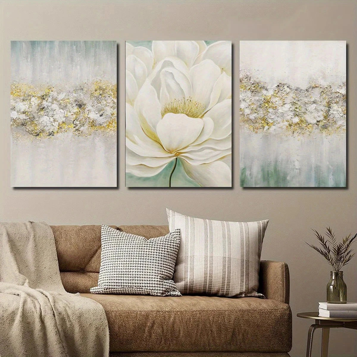 3pcs Golden Texture Beige & Green Abstract Metal Print Ready to Hang Art