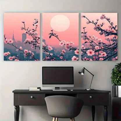 3pcs Japanese Tokyo Floral Illustration Wall Art Set Canvas Framed 50x70cm - High Quality Print 100% Australian Made Wall Canvas Ready to Hang