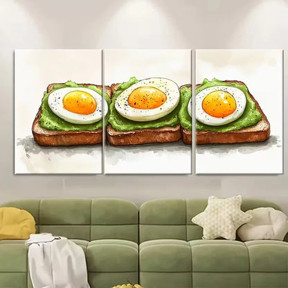 3pcs Breakfast Painting Avocado Toast and Eggs Metal Print Ready to Hang Art