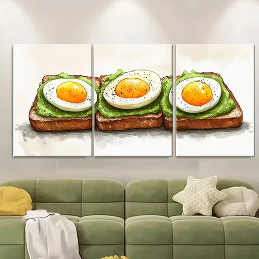 3pcs Breakfast Painting Avocado Toast and Eggs Metal Print Ready to Hang Art