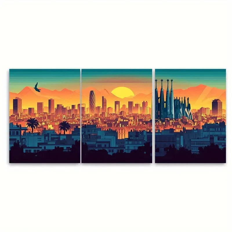 3pcs Vibrant Sunset Cityscape with Sagrada Metal Print Ready to Hang Art