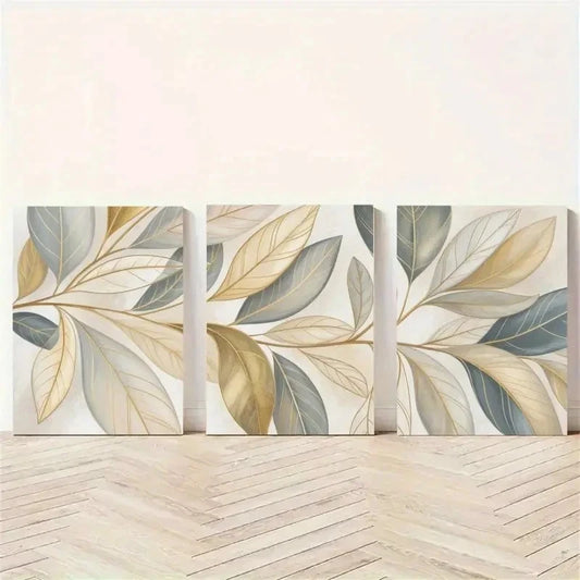 3pcs Leaves, Golden Leaves Minimalist Wall Art Set Canvas Framed 50x70cm - High Quality Print 100% Australian Made Wall Canvas Ready to Hang