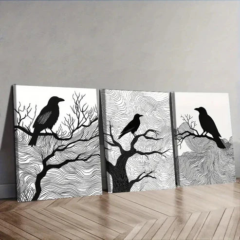3pcs Black Crow on Tree Branches Wall Art Set Wall Art Canvas Unframed – High Quality Print 100% Australian Made Wall Canvas