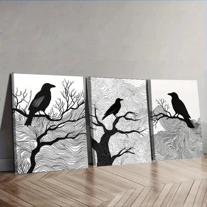 3pcs Black Crow on Tree Branches Wall Art Set Wall Art Canvas Unframed – High Quality Print 100% Australian Made Wall Canvas