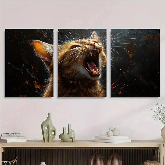 3pcs Vibrant Screaming Cat Modern Abstract Metal Print Ready to Hang Art