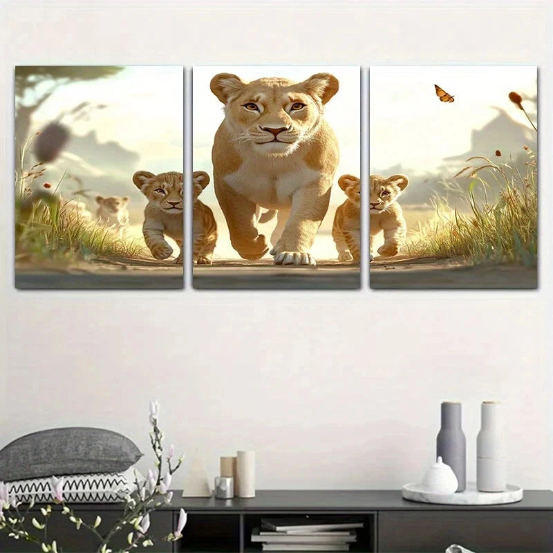 3pcs Lion Cub Prairie Butterfly Wildlife Metal Print Ready to Hang Art