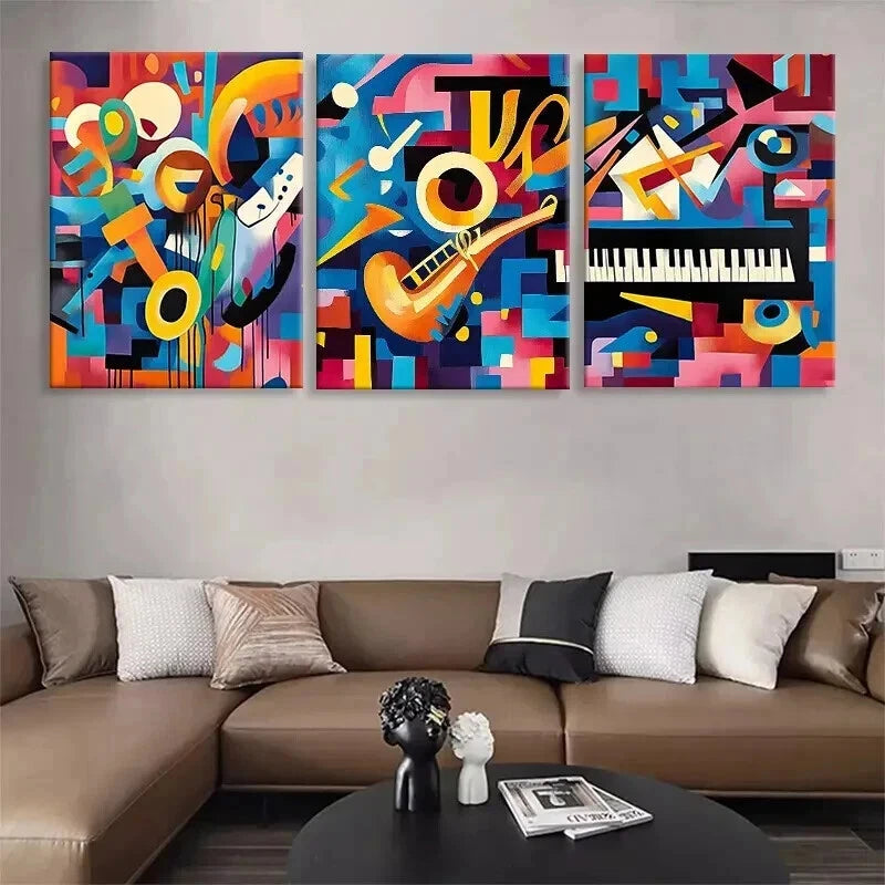 3pcs Abstract Music Instrument Colorful Perfect Wall Art Set Canvas Framed 40x60cm - High Quality Print 100% Australian Made Wall Canvas Ready to Hang