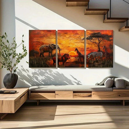 3pcs African Wildlife Sunset Scene with Elephant Metal Print Ready to Hang Art