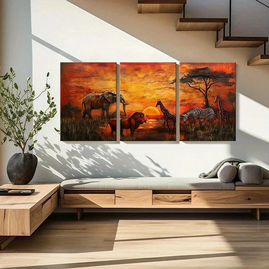 3pcs African Wildlife Sunset Scene with Elephant Metal Print Ready to Hang Art