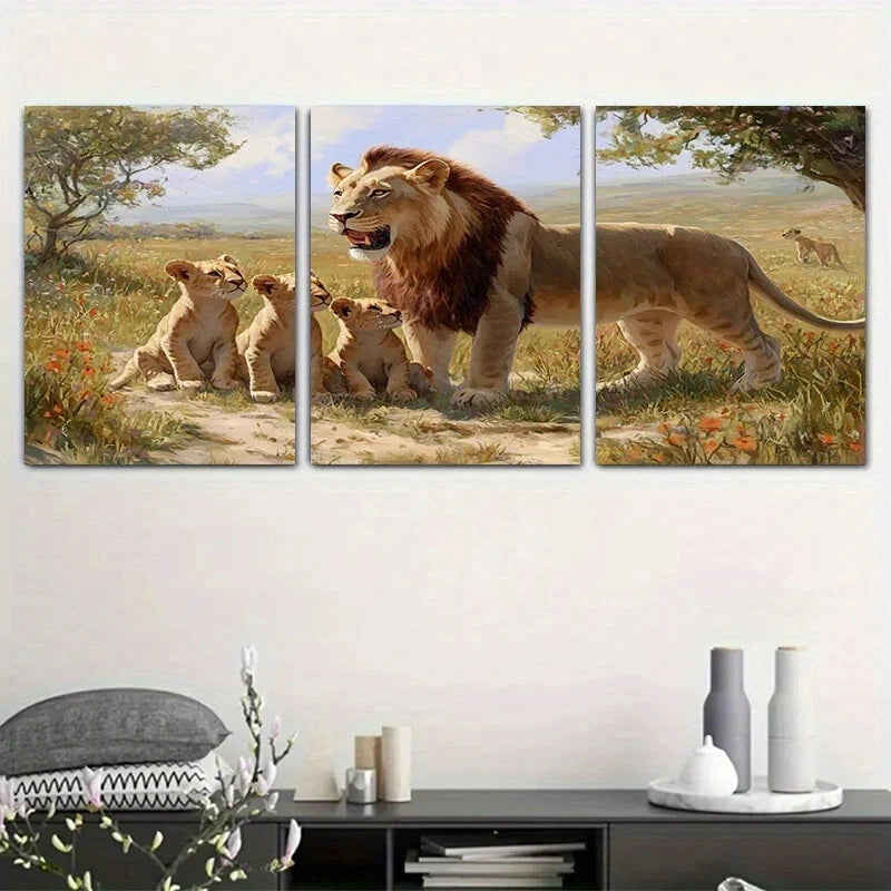 3pcs Lion Male Cub Grassland Nature Metal Print Ready to Hang Art