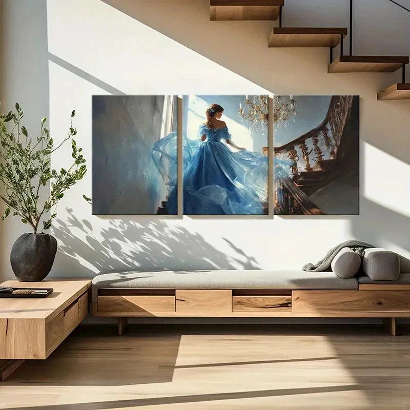 3pcs Elegant Princess Blue Gown Chandelier Metal Print Ready to Hang Art