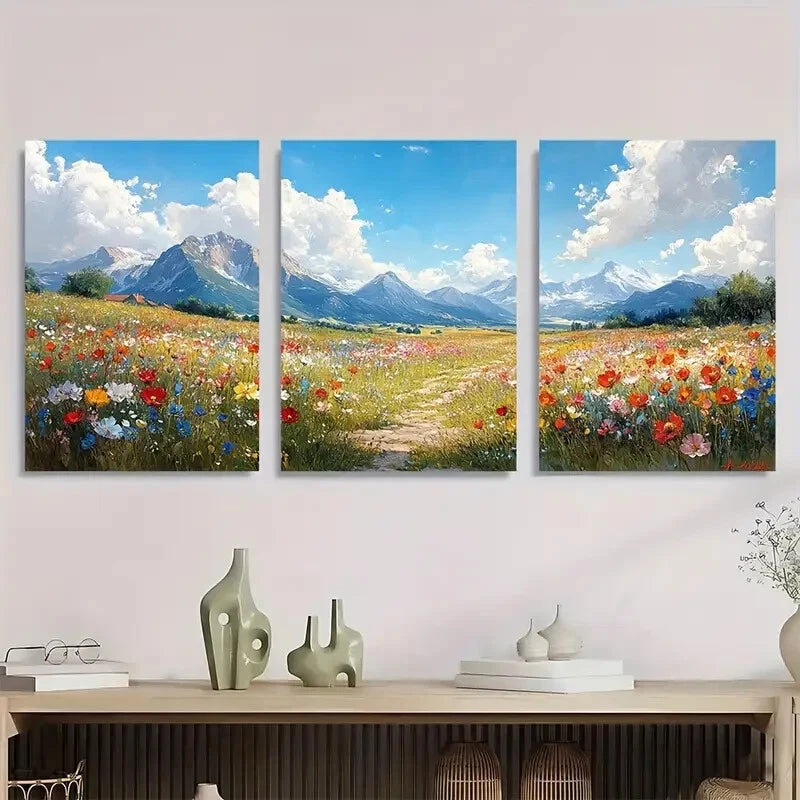 3pcs Rural Fields Wildflower Murals Paintings Metal Print Ready to Hang Art