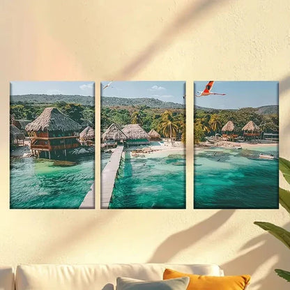 3pcs Beach Resort Scene with Palm Trees Wall Art Canvas Unframed - High Quality Print 100% Australian Made Wall Canvas