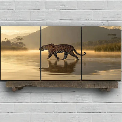 3pcs Leopard on the Water Surface Metal Print Ready to Hang Art