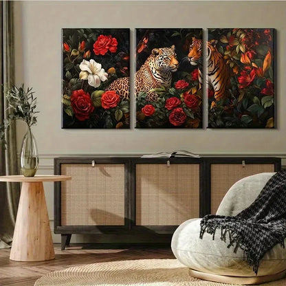 3pcs Jungle Animal and Rose, Ink Painting Metal Print Ready to Hang Art