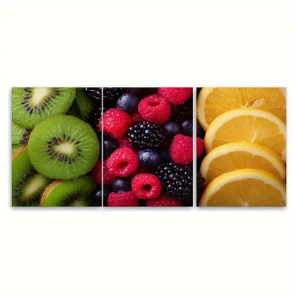 3pcs Berries & Kiwi Tropical Fruits Illustration Wall Art Set Canvas Framed 40x60cm - High Quality Print 100% Australian Made Wall Canvas Ready to Hang