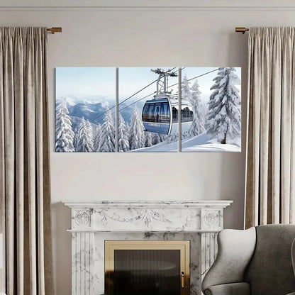 3pcs Winter Wonderland Cable Car Snowy Mountains Metal Print Ready to Hang Art