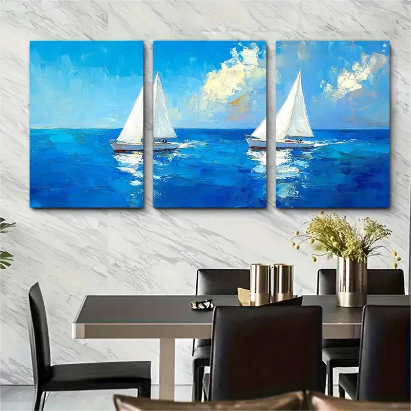 3pcs Two White Sailing Boats on Vibrant Blue Wa Wall Art Set Canvas Framed 40x60cm - High Quality Print 100% Australian Made Wall Canvas Ready to Hang